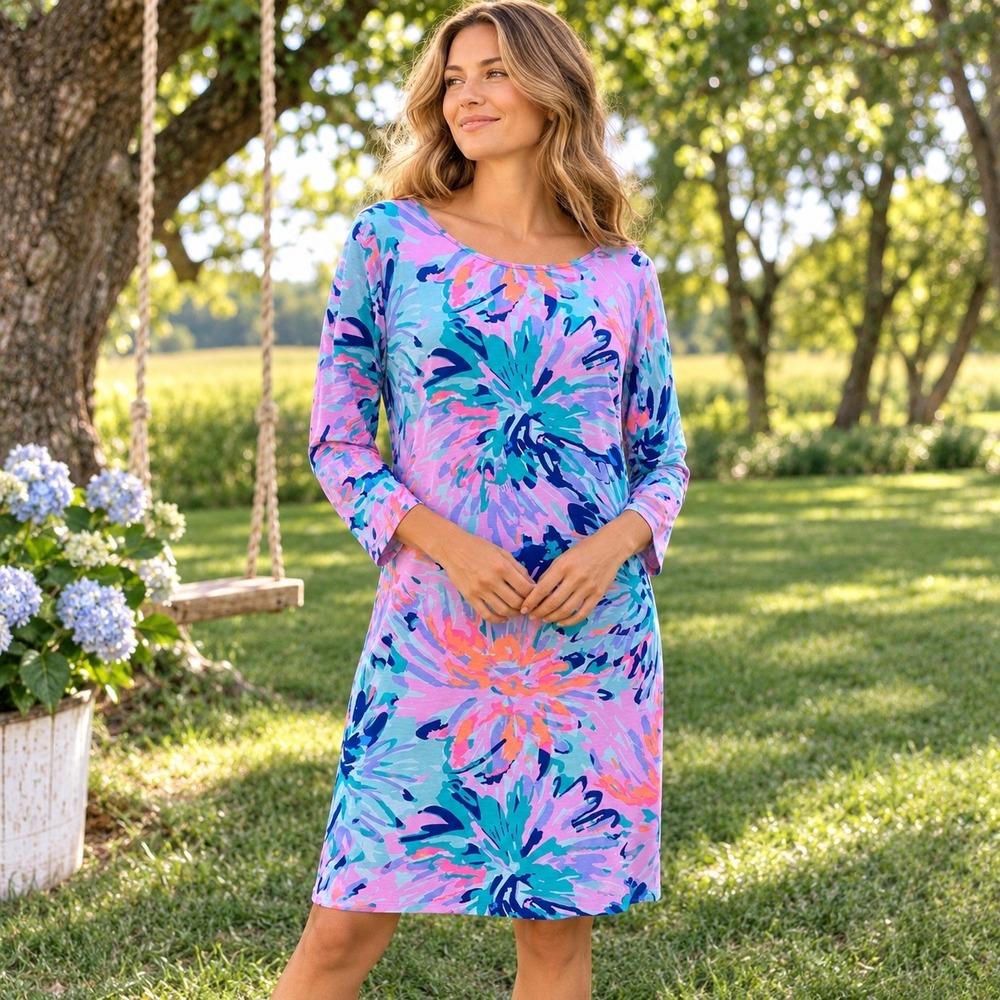 Lilly Pulitzer Hollee Pima Cotton Dress Multi Sea Salt and Sun 3/4 Sleeve 97181